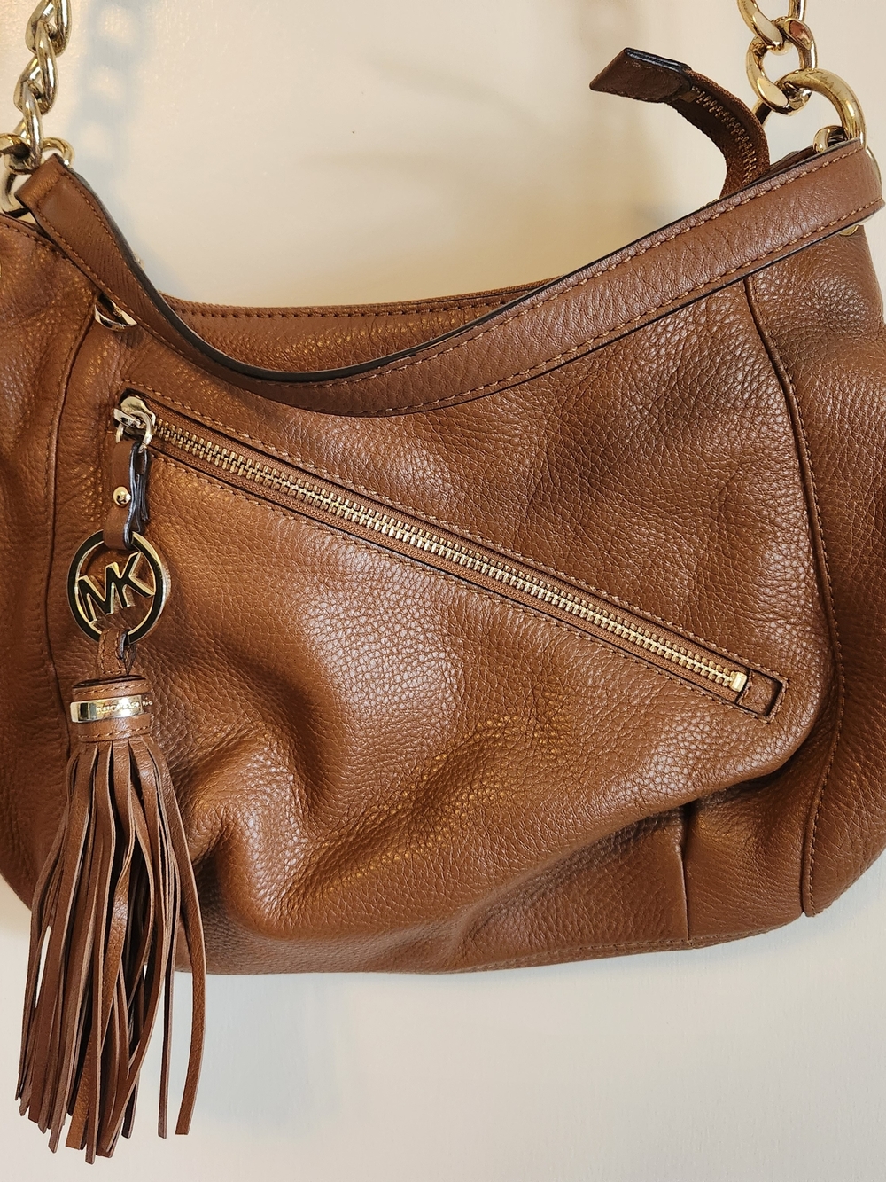 Michael Kors Acorn Brown Pebbled Leather Hobo Shoulder Bag Tassel MK Charm